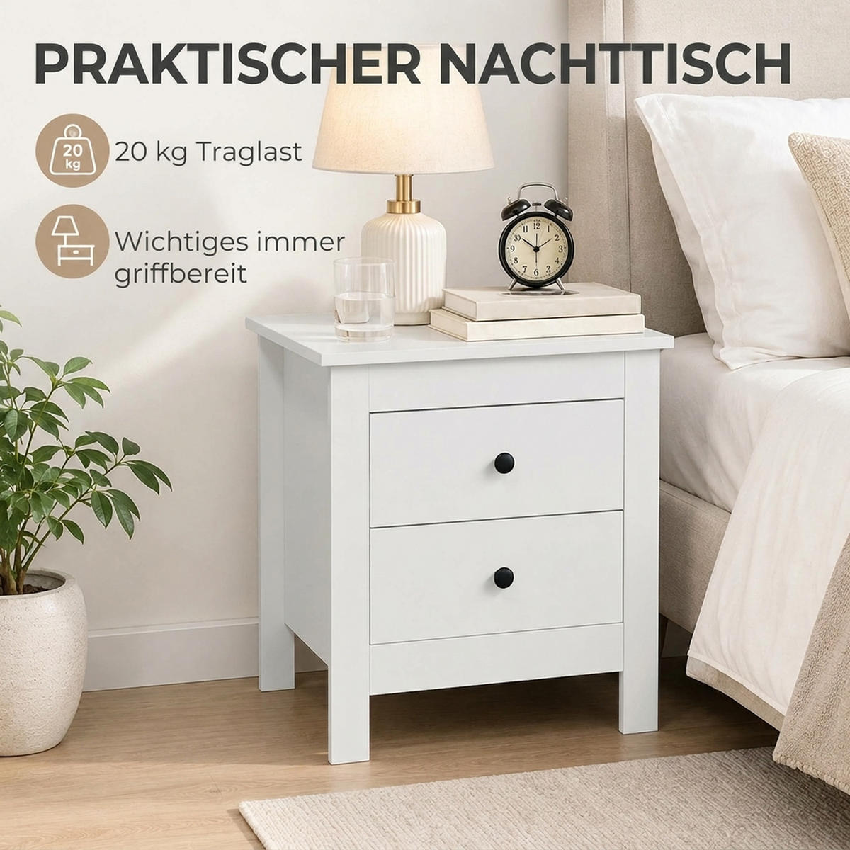 NACHTTISCH MDF Metall Weiß - Weiß/Nickelfarben, Holzwerkstoff/Kunststoff (39.5/51/48cm) - HOMCOM
