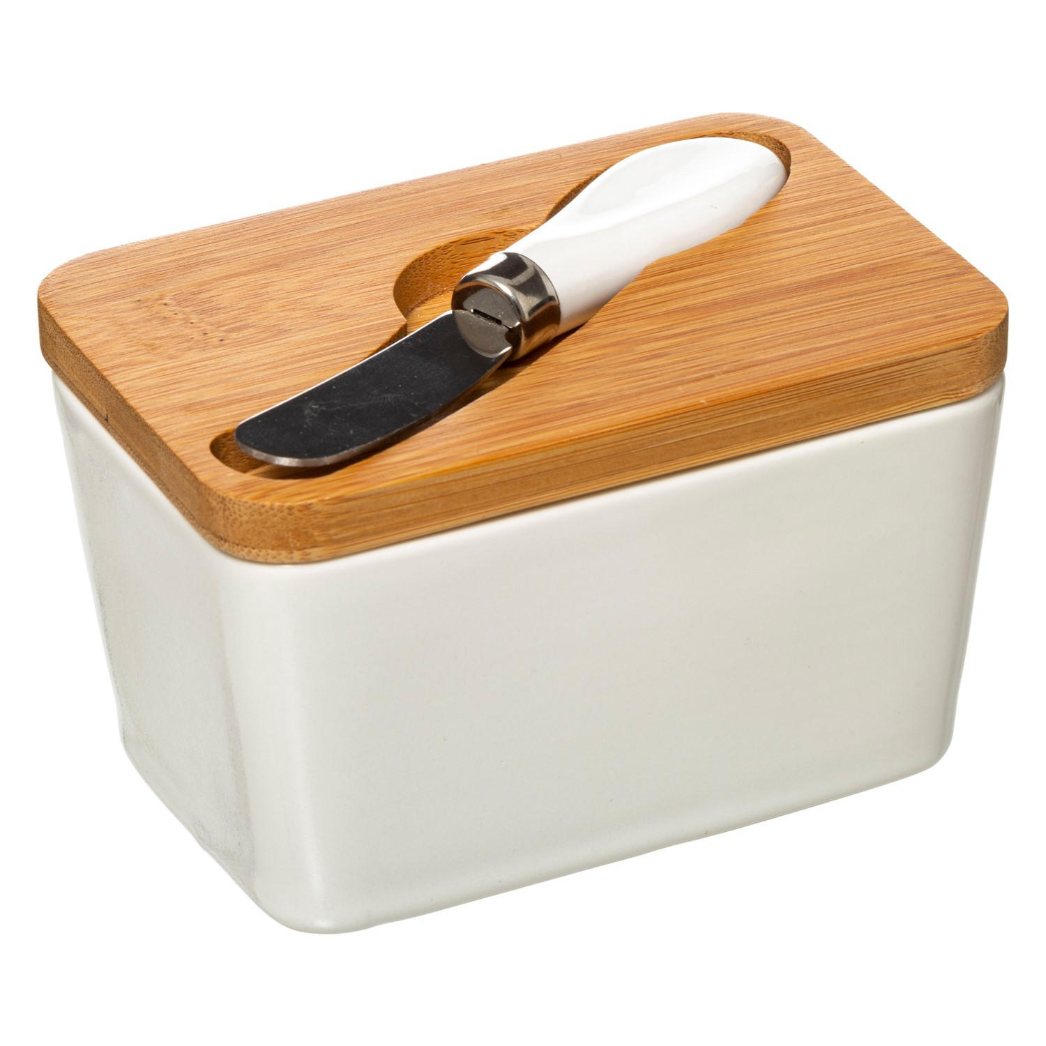 BUTTERDOSE aus Keramik mit Messer und Bambusdeckel Weiß 13,5/9,3/9 cm - Weiß, Keramik (9.3/9/13.5cm) - 5five Simply Smart