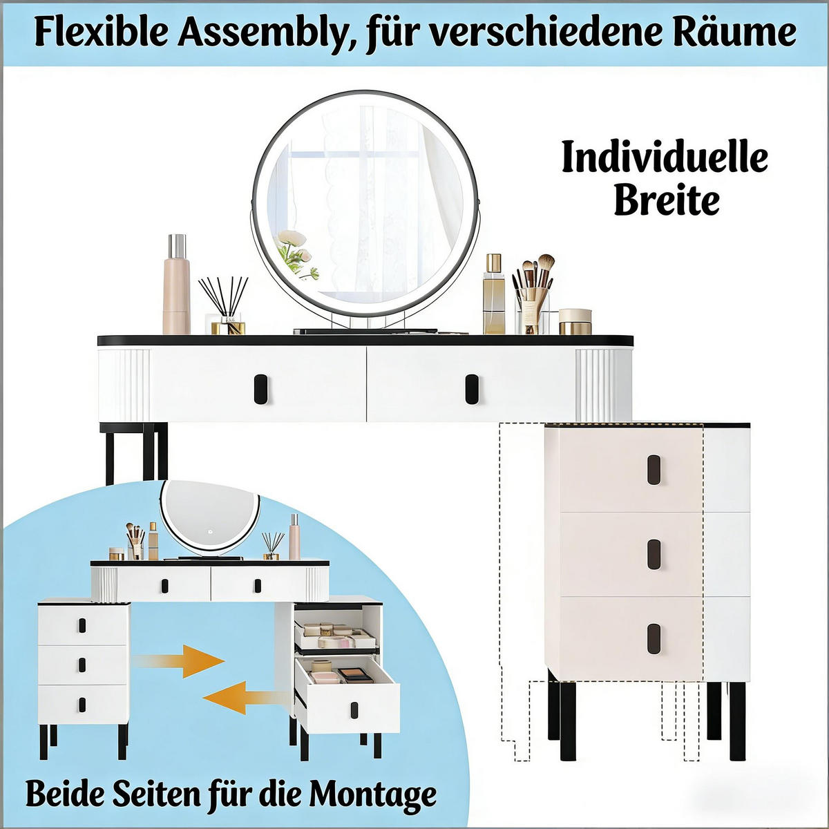 SCHMINKTISCH mit verstellbarem runden LED-Spiegel und 5 Schubladen - Schwarz, Glas (100/125/40cm) - Vallsero