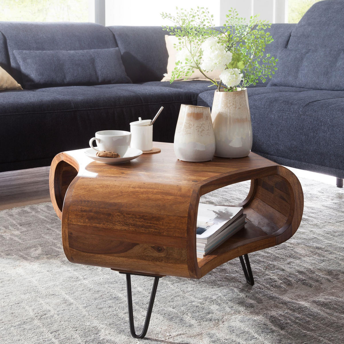 COUCHTISCH MIRA Sofatisch Metallbeine - Sheeshamfarben, Holz (55/55/38cm) - tinkaro