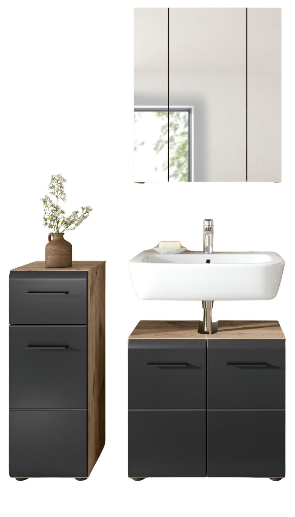 BADMÖBEL Set 3-teilig in schwarz matt und Nox Eiche Badkombination 105 x 185 cm Cover - Eichefarben/Schwarz, Glas/Holzwerkstoff (105/185/30cm) - Inn.Furn