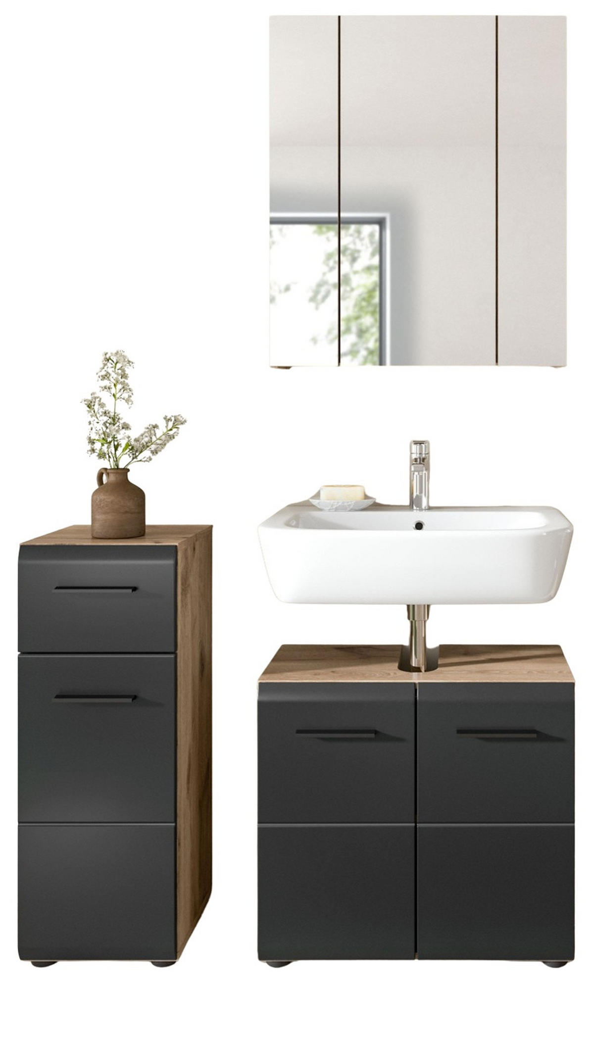 BADMÖBEL Set 3-teilig in schwarz matt und Nox Eiche Badkombination 105 x 185 cm Cover - Eichefarben/Schwarz, Glas/Holzwerkstoff (105/185/30cm) - Inn.Furn