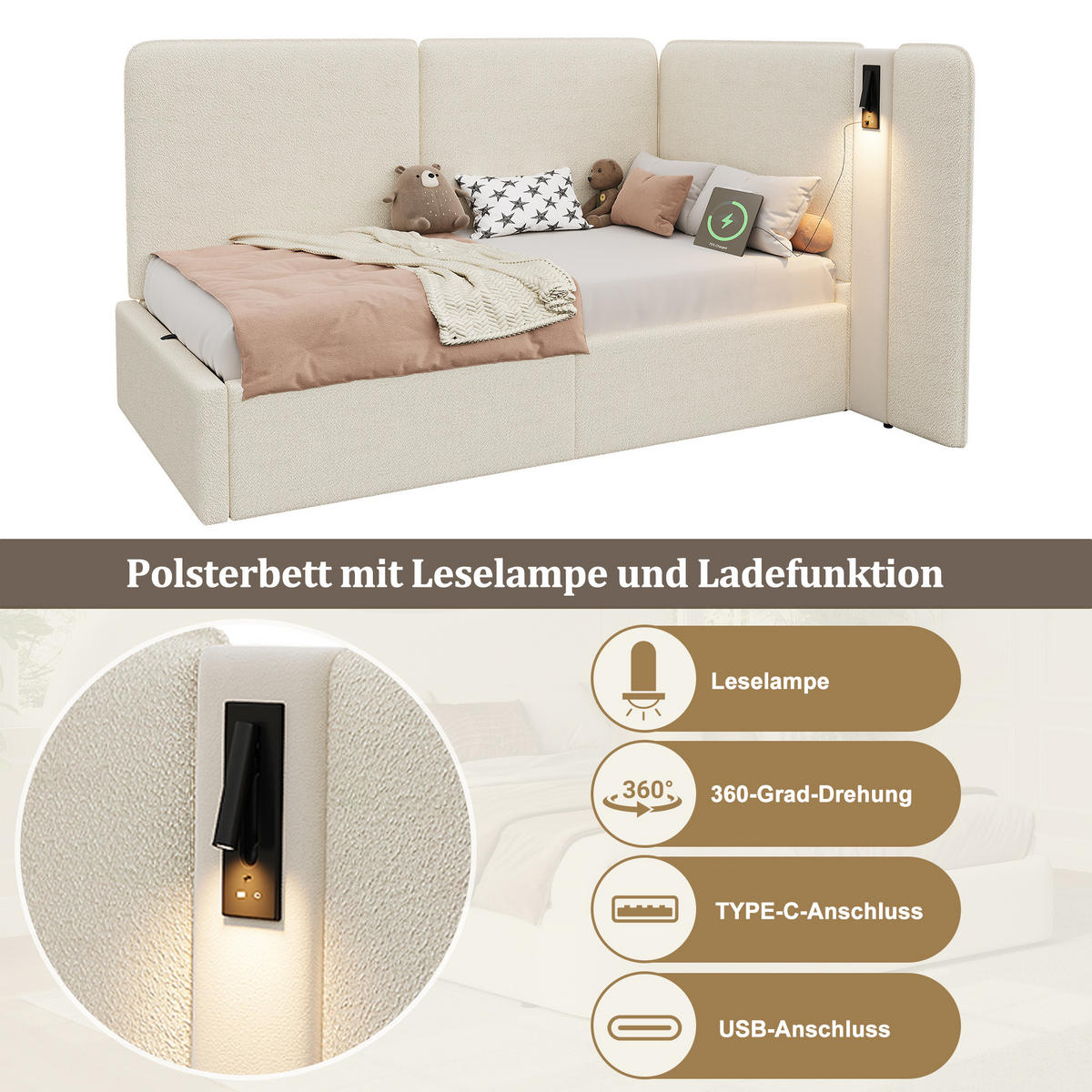 POLSTERBETT aus Schleife 90x200 cm in Beige mit Stauraum & USB/Typ-C - Beige, Textil (90/200cm) - Modfu