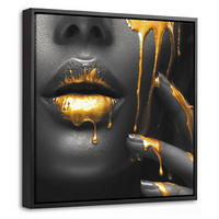 LEINWAND Bilder mit Rahmen - Frau - Schwarz - Gold - Gesicht - Lippen - 20x20 - Goldfarben, Textil (20/20cm) - MuchoWow