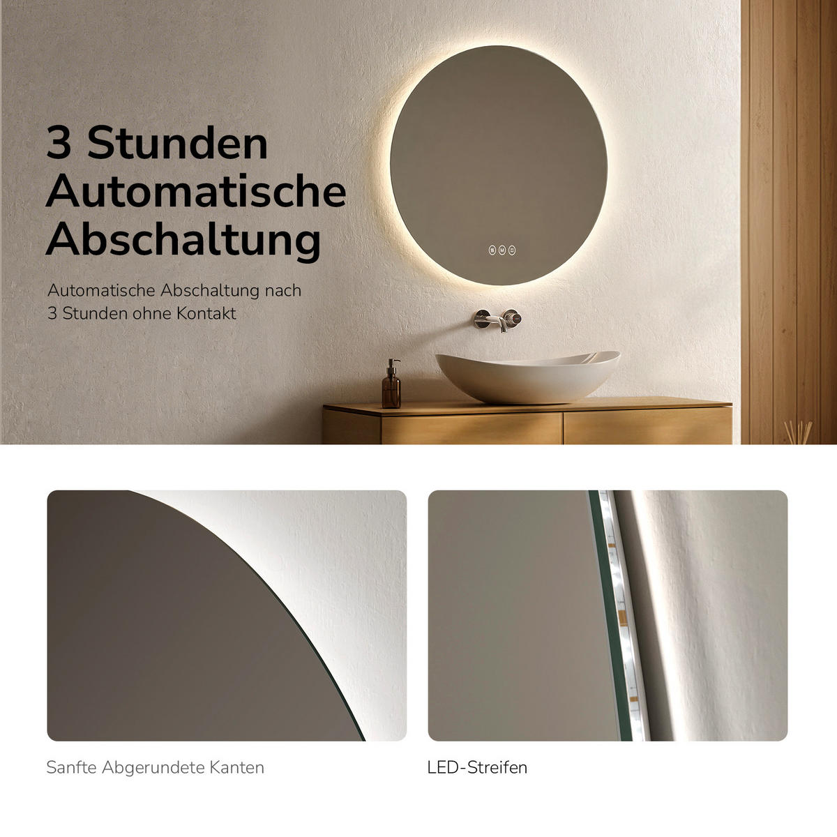 BADSPIEGEL Runder mit Antibeschlag Dreifarbige Beleuchtung ф70 cm - Weiß, Glas (70/3.5/70cm) - EMKE