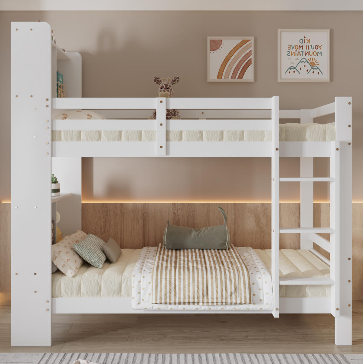ETAGENBETT aus Massivholz und MDF 90x200 cm Weiß mit Regalen, rechtwinkliger Leiter und Stauraum - Weiß, Holzwerkstoff (90/200cm) - Modfu