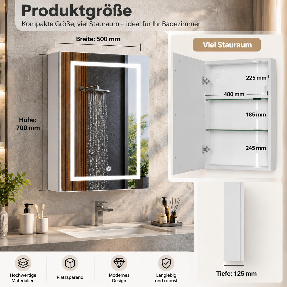 SPIEGELSCHRANK LED 50/70/12.5 cm Weiß, 1-türig, dimmbar, Touch-Schalter, 3 Lichtfarben, Badschrank mit Glasböden - Weiß, Glas (50/70/12.5cm) - Joyfair