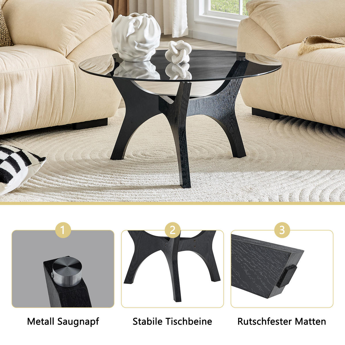 COUCHTISCH in Schwarz Runder Kaffeetisch für Wohnzimmer, Büro & Lounge, Hitze- & Kratzfest, 80/80/42.2 - Schwarz/Naturfarben, Glas/Holzwerkstoff (80/80/42.2cm) - STILVORA