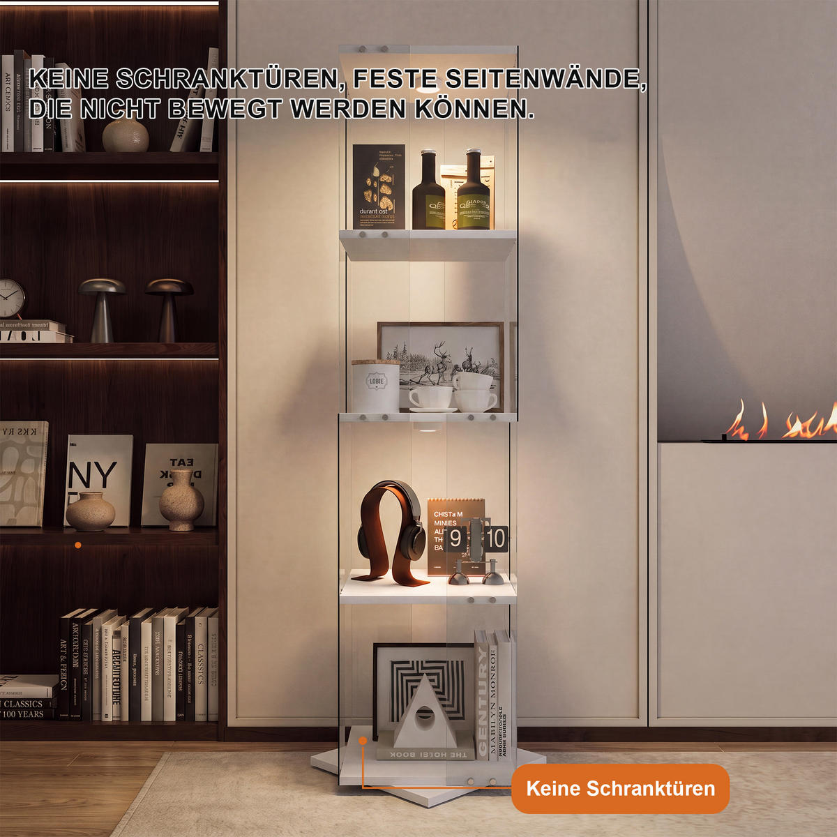 GLASVITRINE mit 4 Einlegeböden, 360-Grad-Drehbasis, Berührungs-LED, in Weiß - Weiß, Glas (38/160/38cm) - BRILVERDE