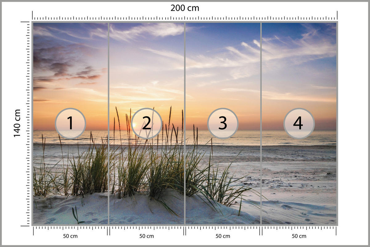 FOTOTAPETE für Wohnzimmer Landschaft Meer Strand Dünen Sonnenuntergang 200x140 - Beige/Violett, Papier (200/140cm) - Muralo
