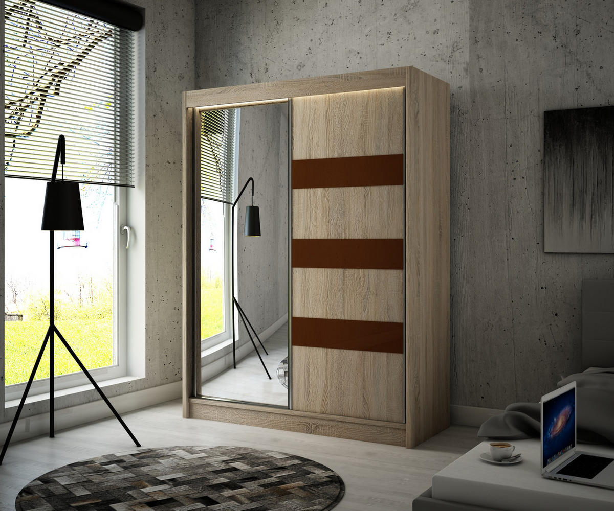 KLEIDERSCHRANK mit LED, Spiegel und Schiebetüre LOSTE - 120 cm Sonoma|Braun - Braun/Sonoma Eiche, Holzwerkstoff (120/215/61cm) - ALTDECOR