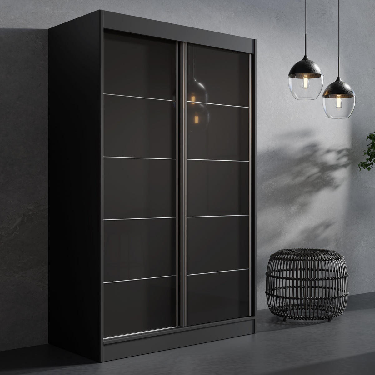 SCHIEBETÜRENSCHRANK Como 2D 120 Schwarz (lacobel) - Silberfarben/Schwarz, Holzwerkstoff/Metall (120/201/65cm) - mzm24