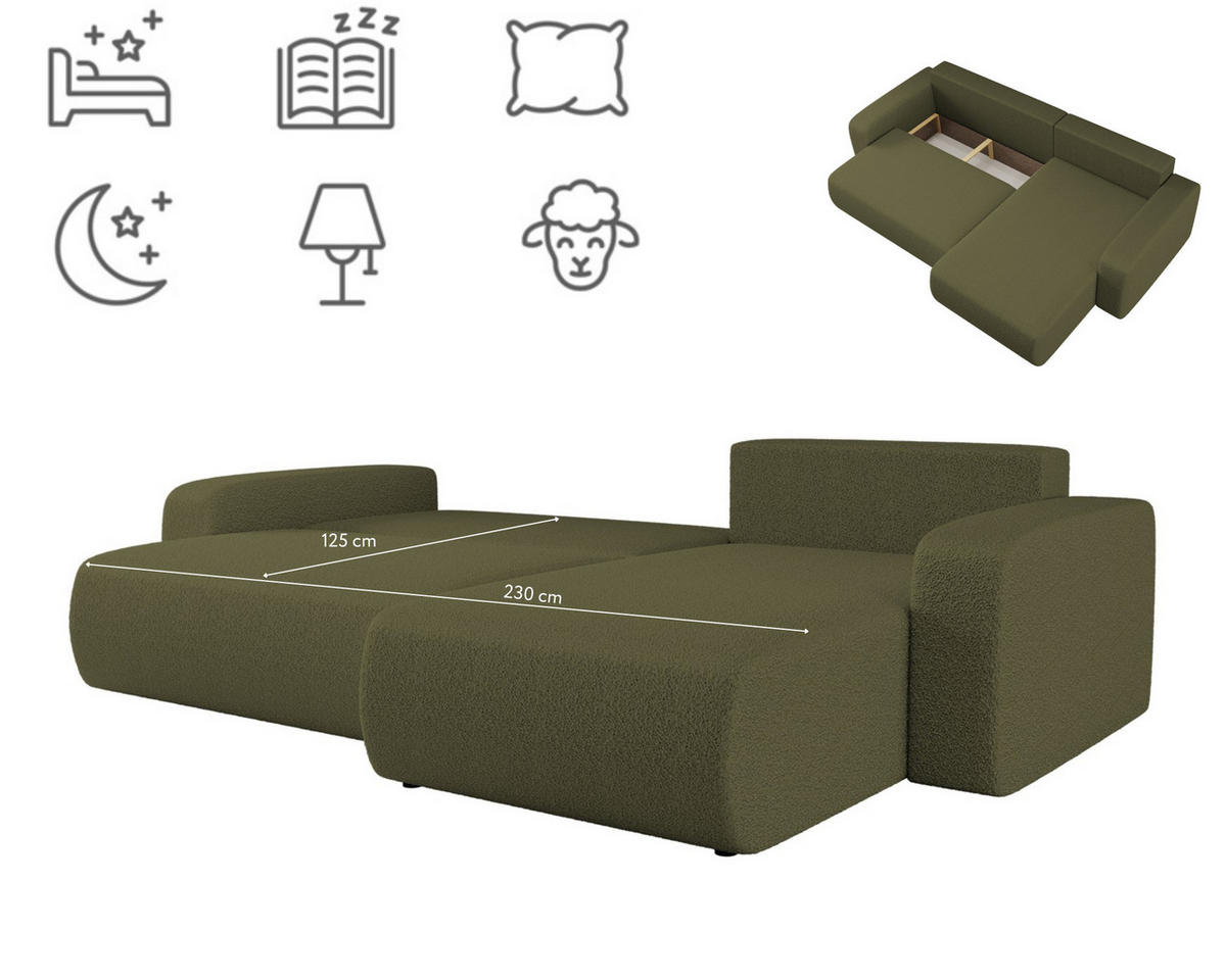 SCHLAFSOFA MILANO XL Und Bettkasten Stoff Quelle Olive Rechts - Olivgrün, Holz (274/82/145cm) - Kaiser Möbel