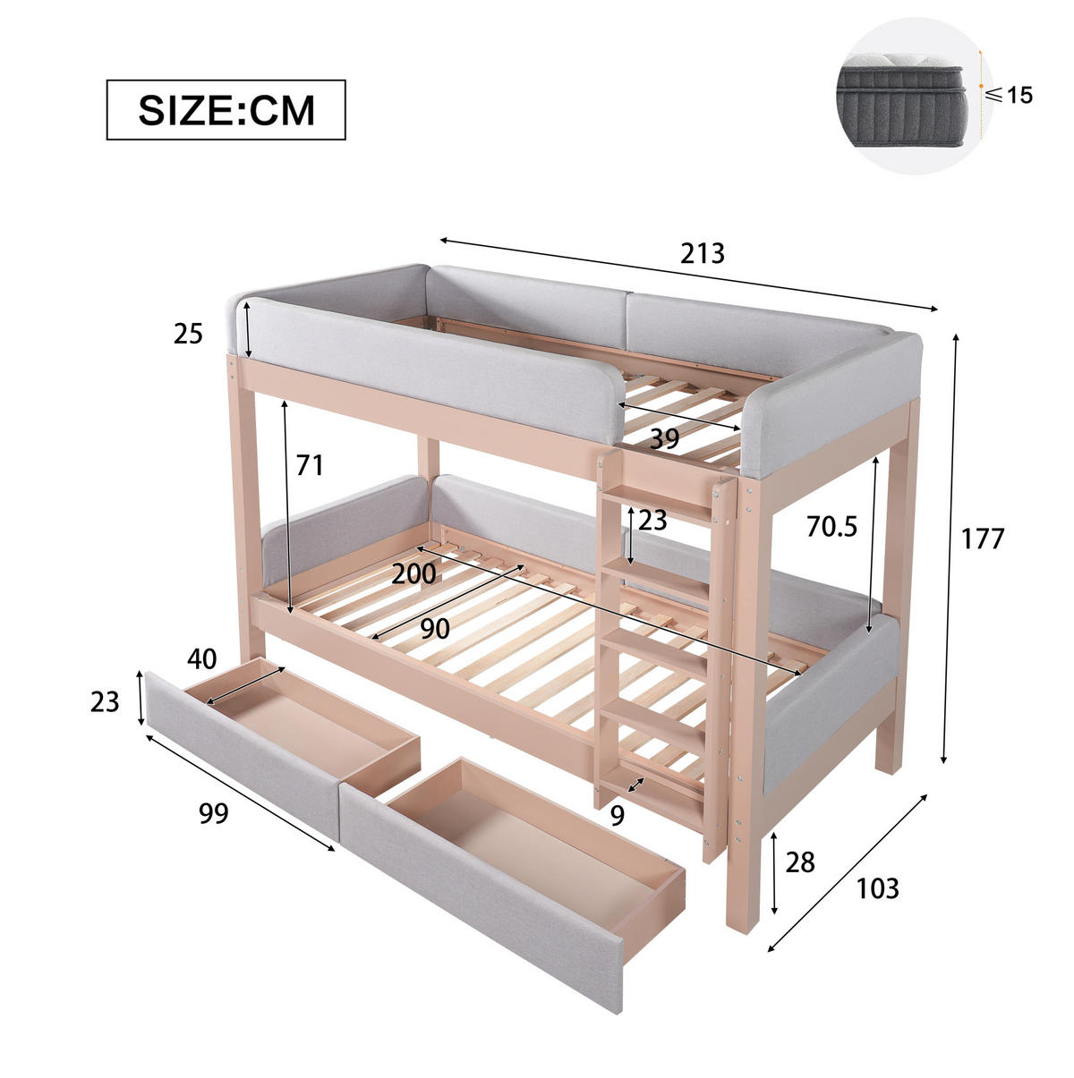 ETAGENBETT 90/200 cm Grau/Natur mit 2 Schubladen und gerader Treppe - Grau, Holz (90/200cm) - Flora Grace