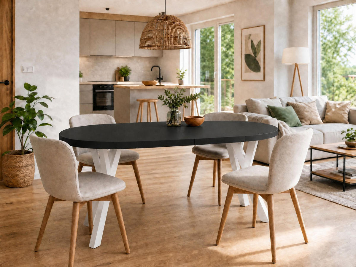 ESSTISCH ausziehbar rund ATO, 100-140 cm, Schwarz, weiße Holzbeine - Schwarz/Weiß, Holzwerkstoff/Buchenholz (100/100/77cm) - VENASI MÖBEL