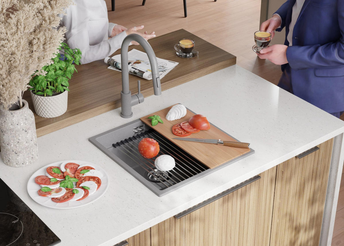 GRANITSPÜLE Praga Slim, 2-er set Grau 46/47 cm 1 Becken + Küchenarmatur 40/20 cm + Ablauf-Set + Aufrollbare Abtropffläche ab 50er Unterschrank - Chromfarben/Grau, Kunststoff (46/20/47cm) - Primagran