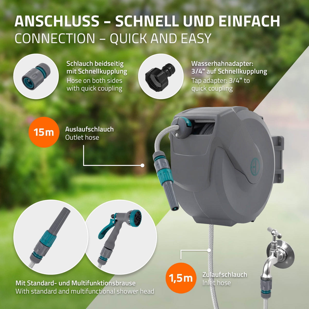 SCHLAUCHAUFROLLER 15m - Grau, Kunststoff (15/33.5/43cm) - ECD-Germany