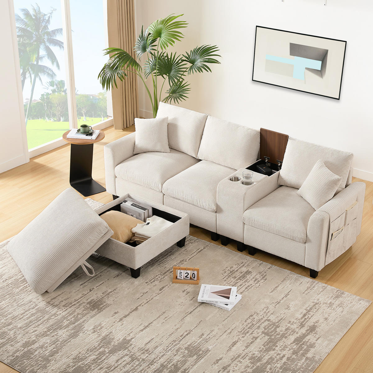 4-SITZER ECKSOFA Cord Beige mit USB, Becherhaltern und Stauraum - Beige, Holzwerkstoff/Kunststoff (229/149.5cm) - WISHDOR