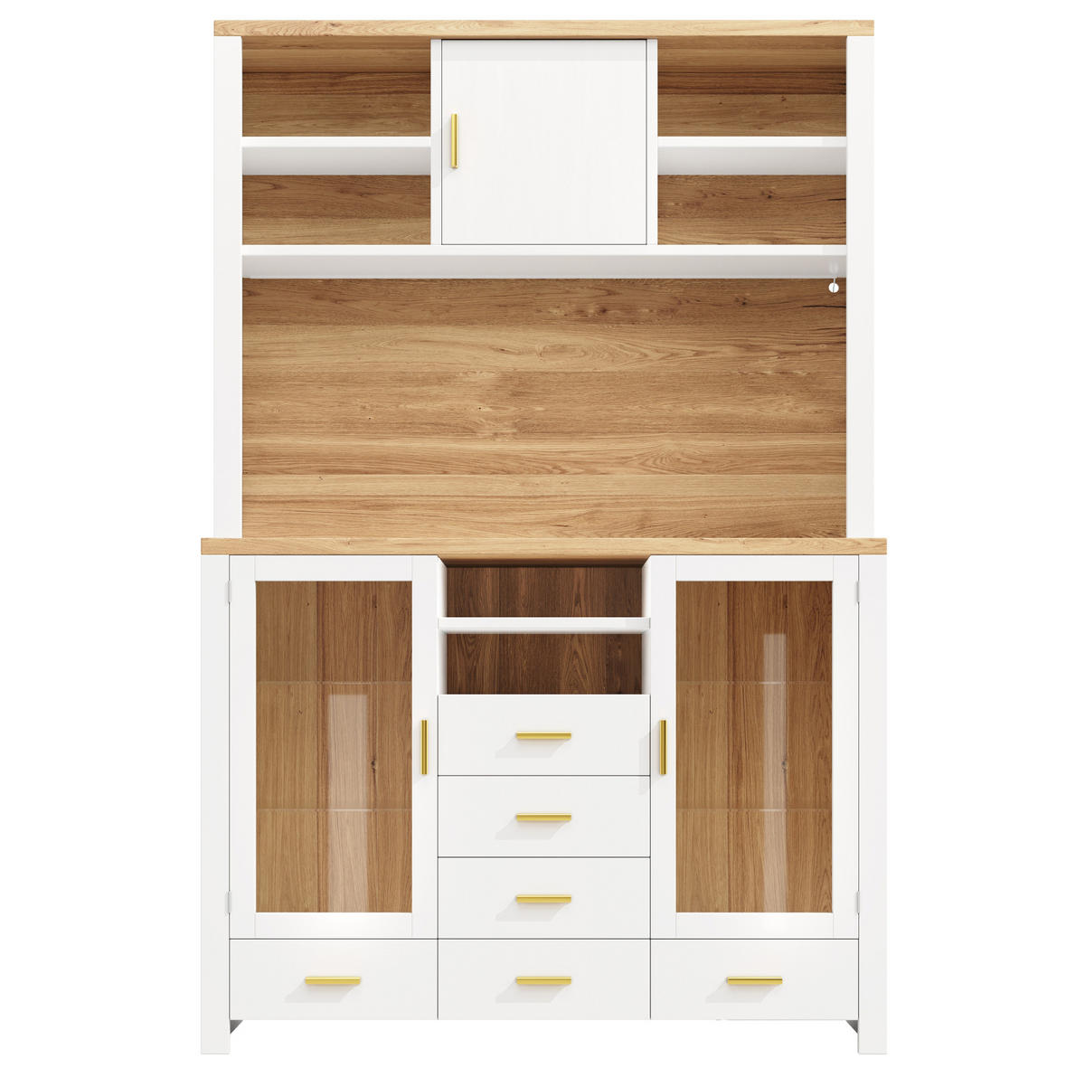 BUFFET 120/40/188 cm aus MDF und Glas mit LED-Lichtleiste Weiß mit Holzdekor - Weiß, Holzwerkstoff (120/188/40cm) - Modenvie