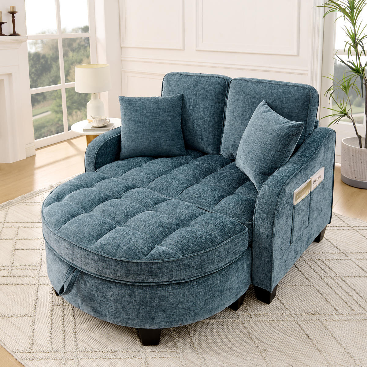SOFA Chenille Blau mit Hocker und Schlaffunktion - Blau, Holzwerkstoff/Kunststoff (132/93/129cm) - WISHDOR