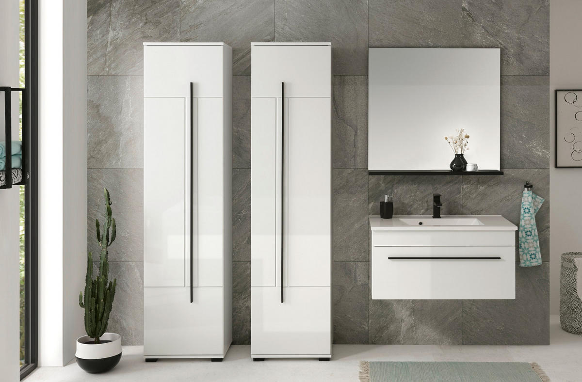 BADMÖBEL-SET weiß Hochglanz schwarz, Badkombination MIT Waschbecken, 190 x 200 cm - Weiß Hochglanz/Schwarz, Holzwerkstoff/Kunststoff (190/200/45cm) - Furn.Design