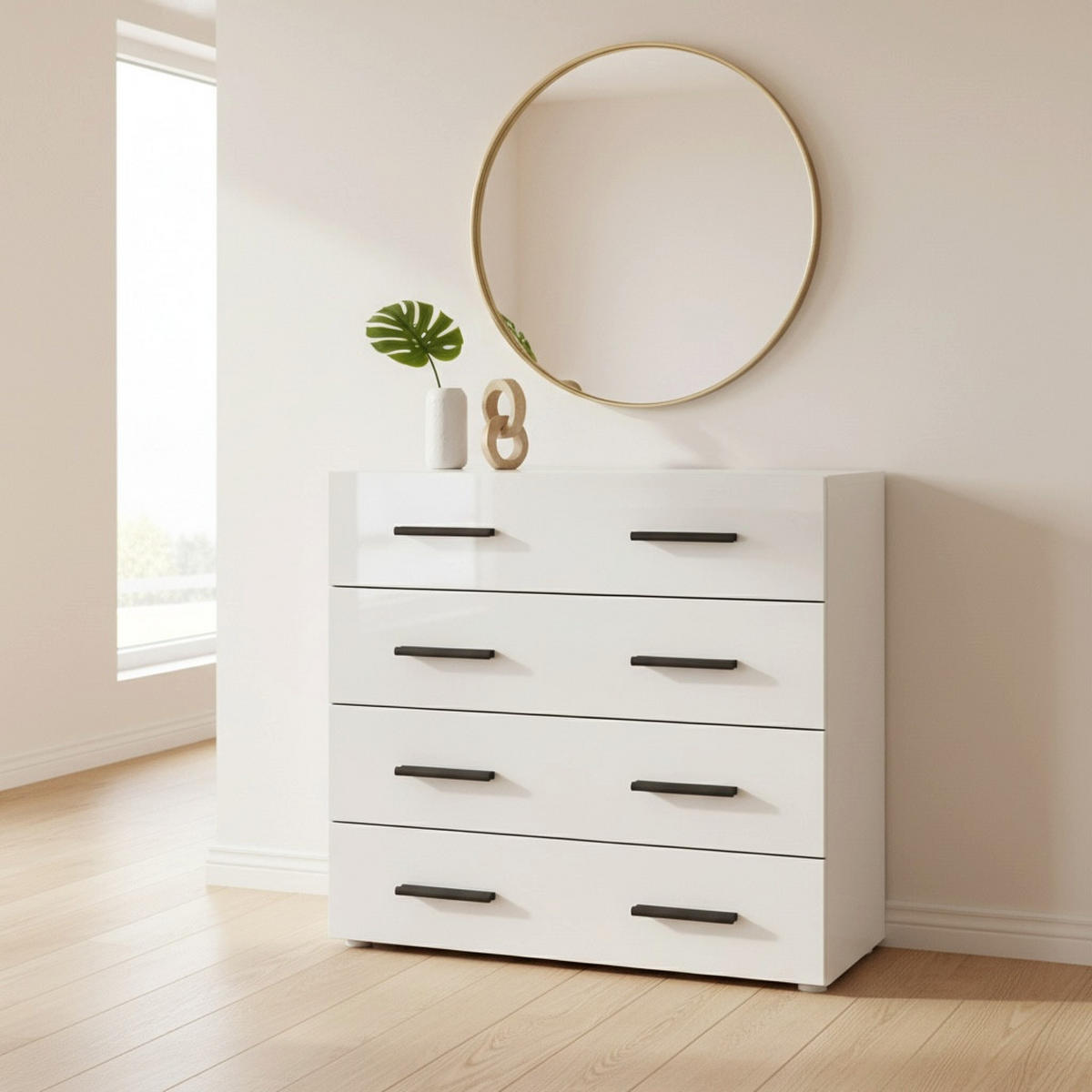 KOMMODE Den, Sideboard mit 4 Schubladen, Made in Germany, Moderner Schrank, Weiß matt / Weiß Hochglanz (76 x 72 x 35 cm) - Weiß Hochglanz, Holzwerkstoff (76/72/33cm) - InnoFurn