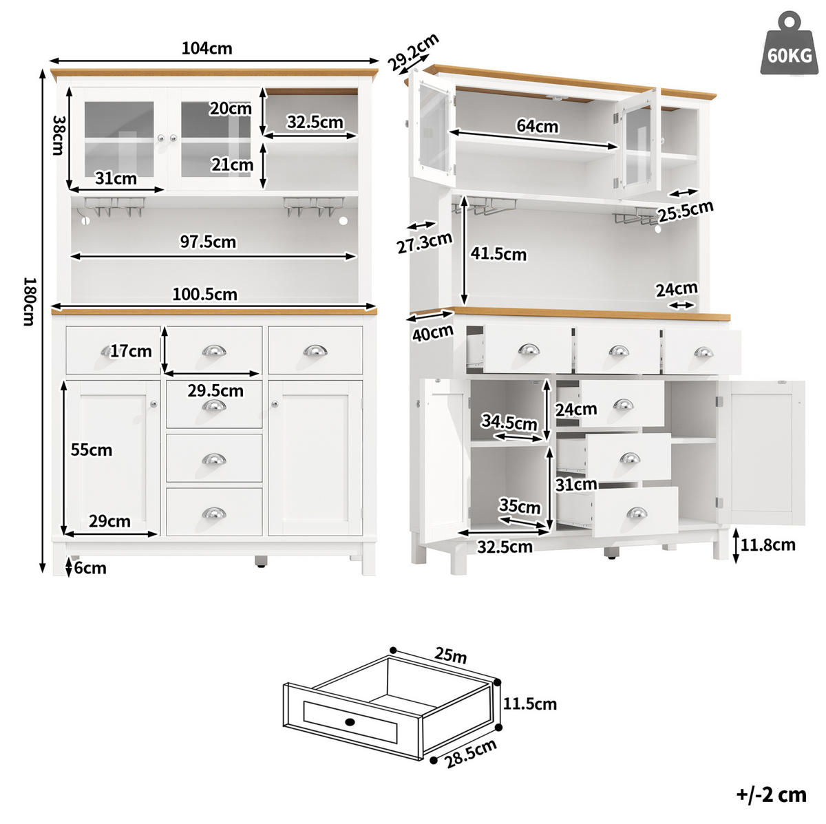 BUFFETSCHRANK mit LED-Lichtleiste 104x40x180 cm MDF Weiß - Weiß, Holzwerkstoff (40/180/104cm) - Meubliv
