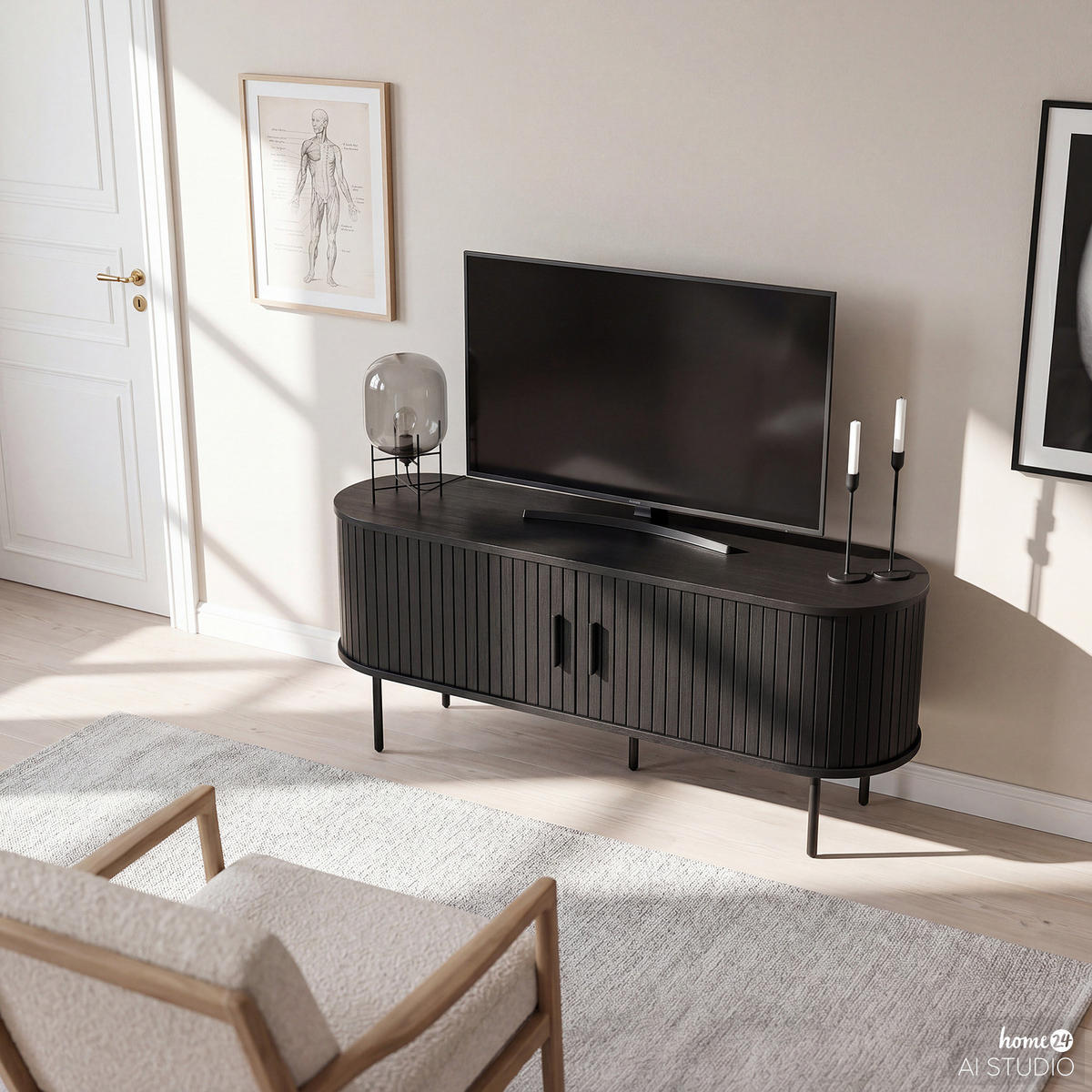 TV-LOWBOARD - MDF / Metall - Eiche - Eichefarben/Schwarz, Holzwerkstoff/Metall (120/55/40cm) - home24