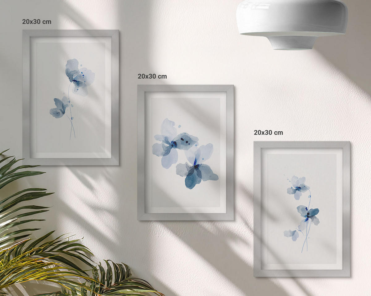 BILDER SET 3er Set - 20x30 cm Silberner Rahmen - Blaue Blumen - Silberfarben, Kunststoff (20/30cm) - TULUP