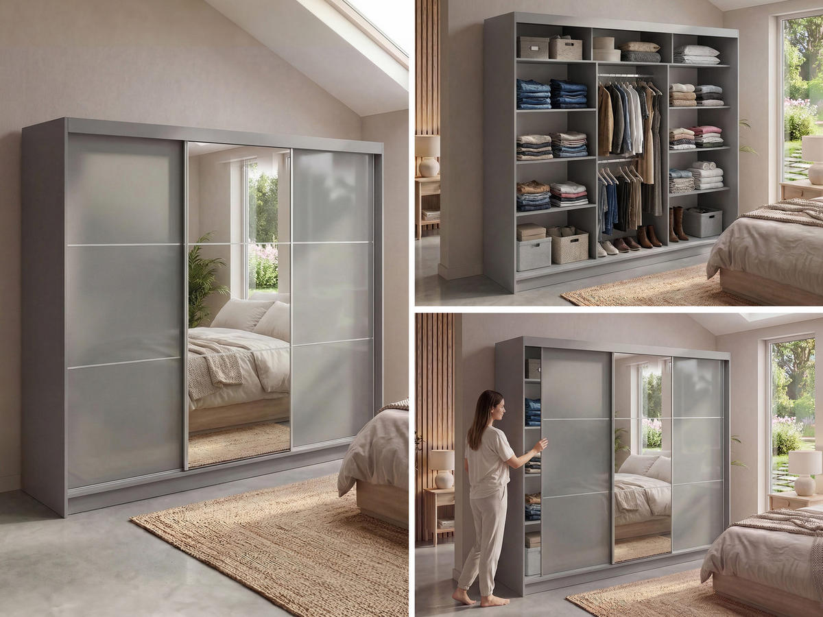SCHWEBETÜRENSCHRANK mit Spiegel - WALENCJA - 240 - Grau lacobel - Alufarben/Grau, Holzwerkstoff/Metall (240/216/61cm) - MKS