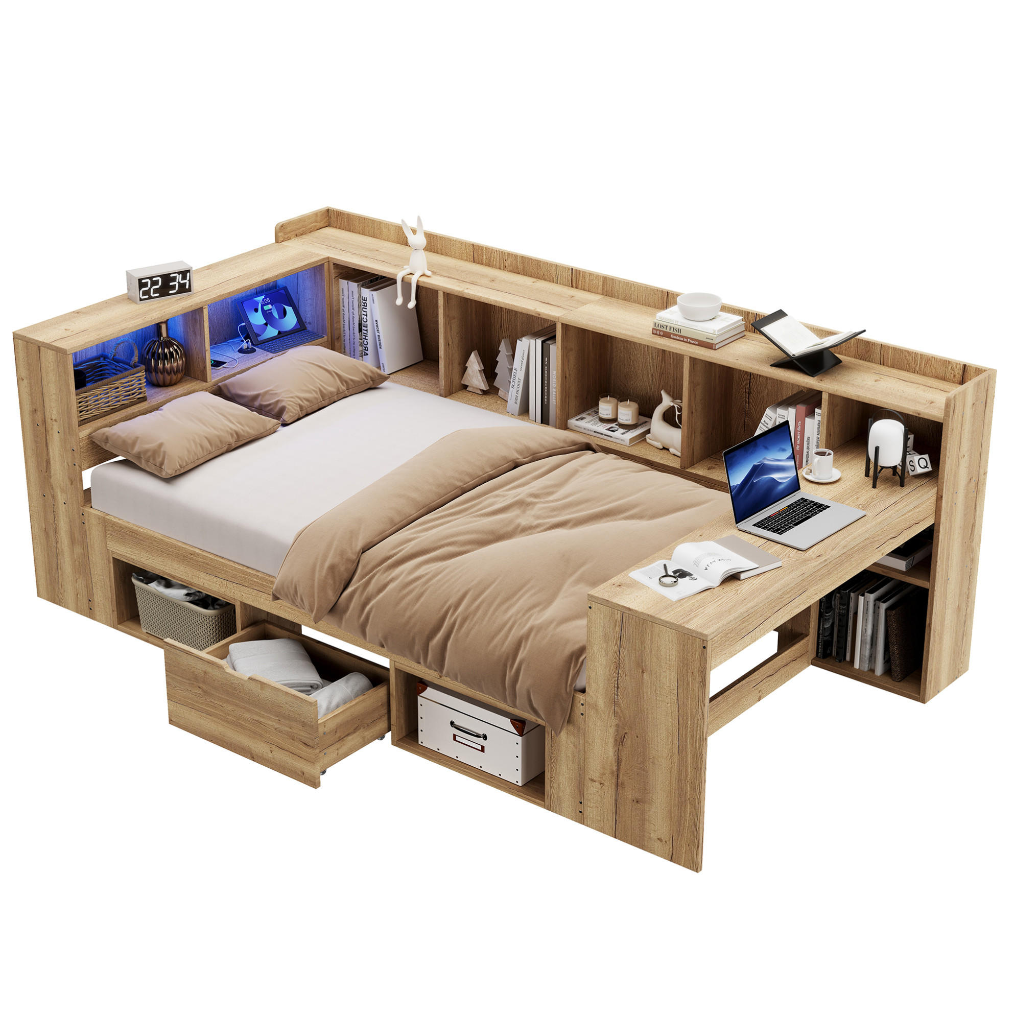 KINDERBETT 90/200 cm mit LED-Beleuchtung, USB- und Type-C-Anschluss, Schreibtisch und Stauraum, Naturfarbe - Naturfarben, Holzwerkstoff (90/200cm) - Redom