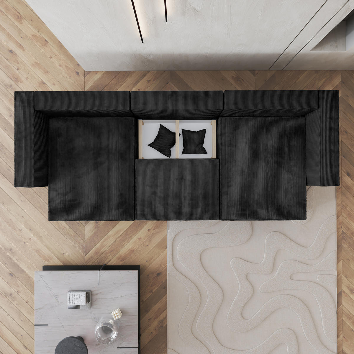 WOHNLANDSCHAFT SARMO P Schwarz Kordstoff mit Schlaffunktion - Schwarz, Holz (347/70/148cm) - MASSENO