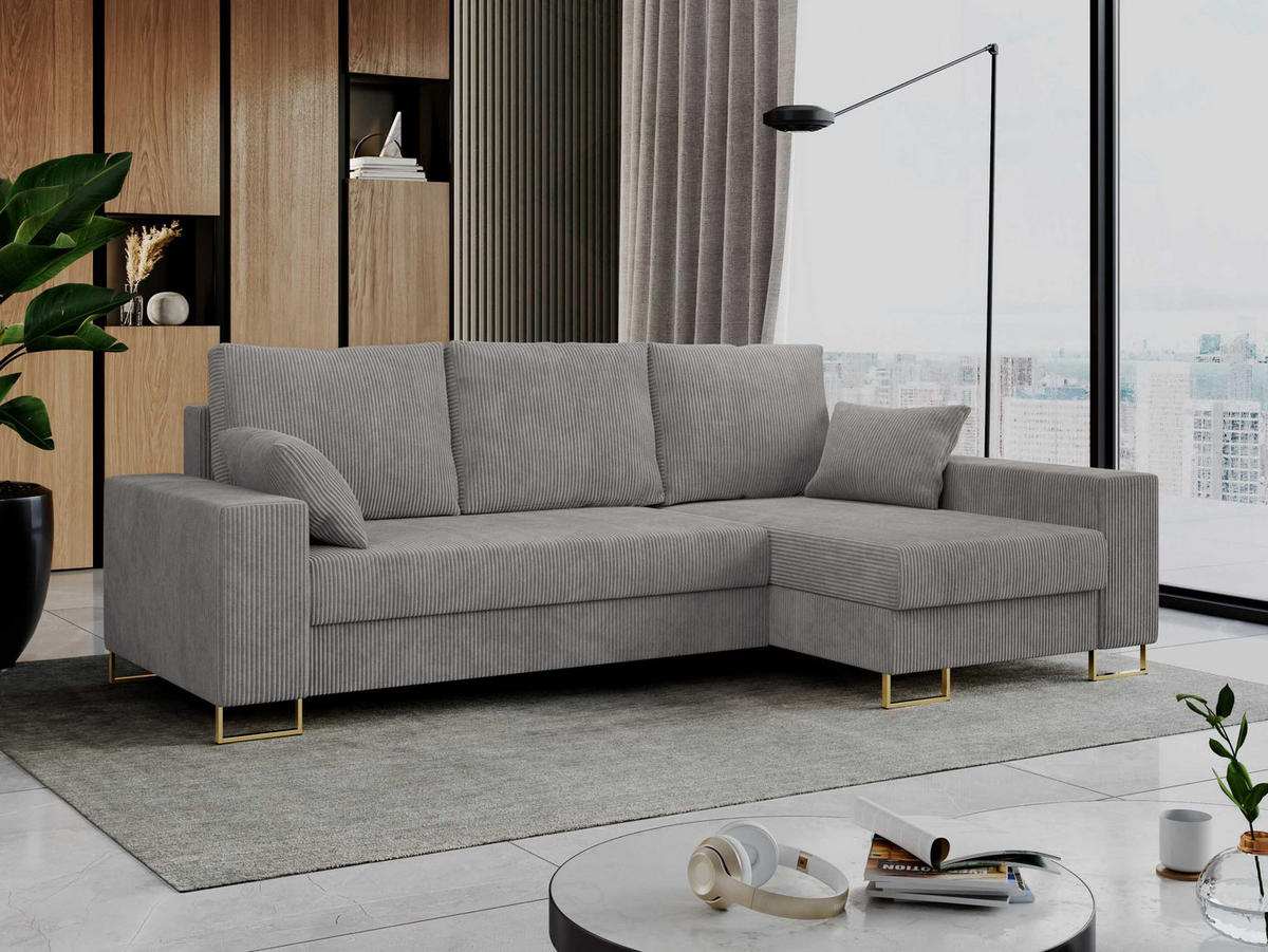 ECKSOFA Dorian Cord Hellgrau - Goldfarben/Hellgrau, Textil/Metall (242/138cm) - MKS