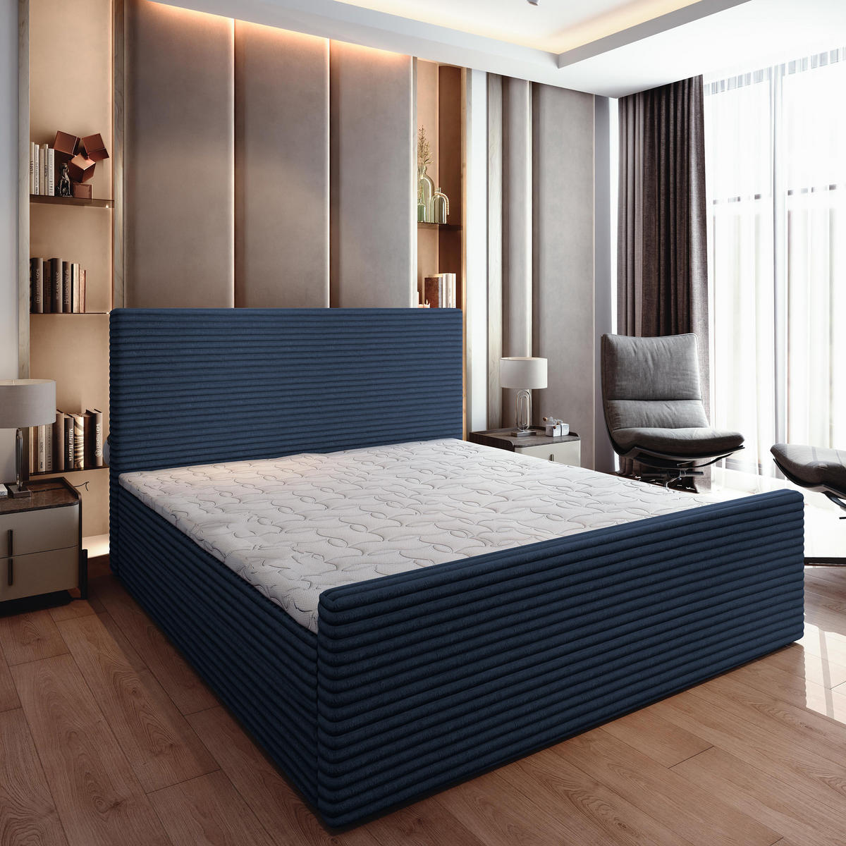 BOXBETT BRENTO 180x200 cm mit Matratze und Topper - Blau - Blau, Holz (180/200cm) - MASSENO