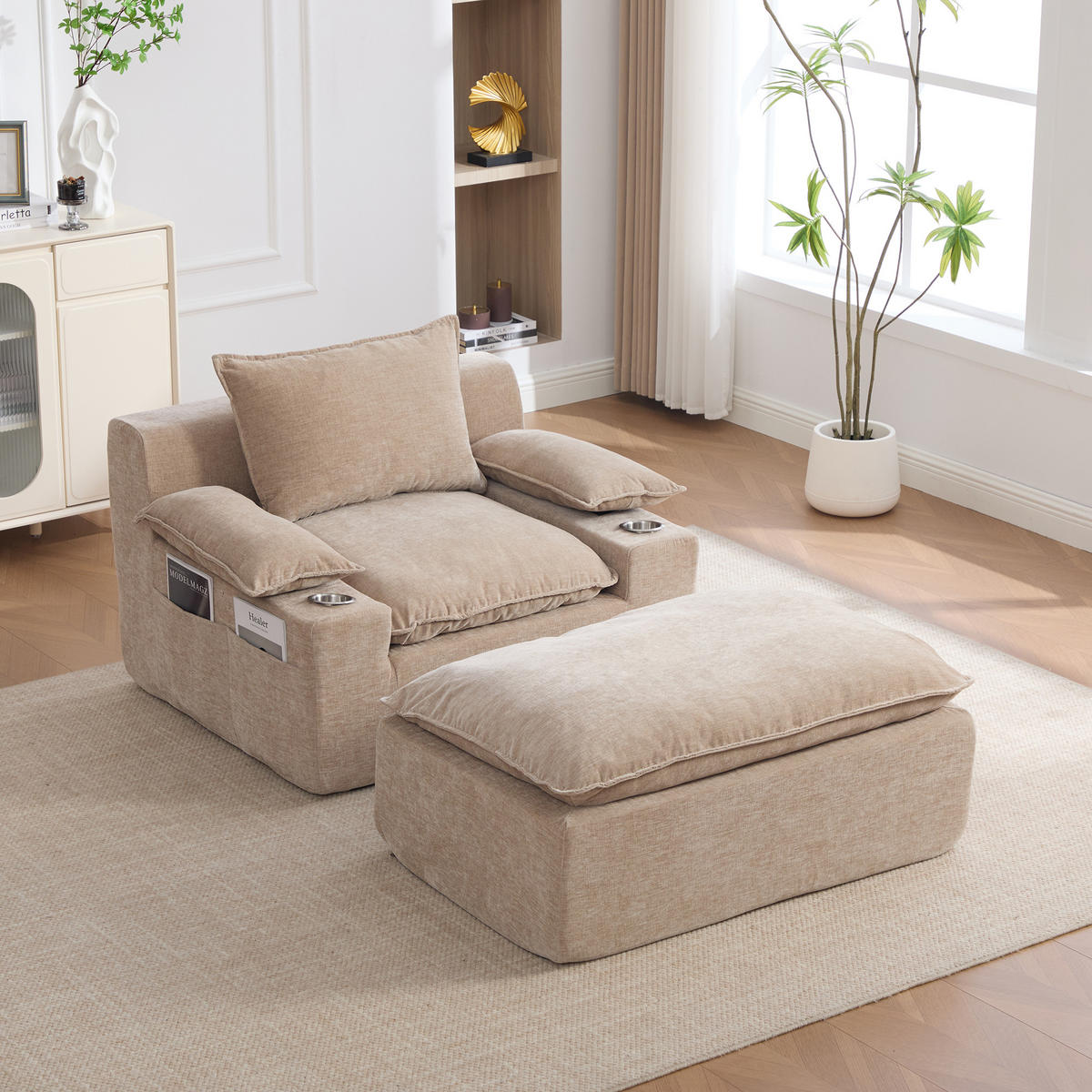 SESSEL DE-35157 mit 4 Kissen Hellkhaki - Sandfarben, Textil (93/81/113cm) - ComfortXL