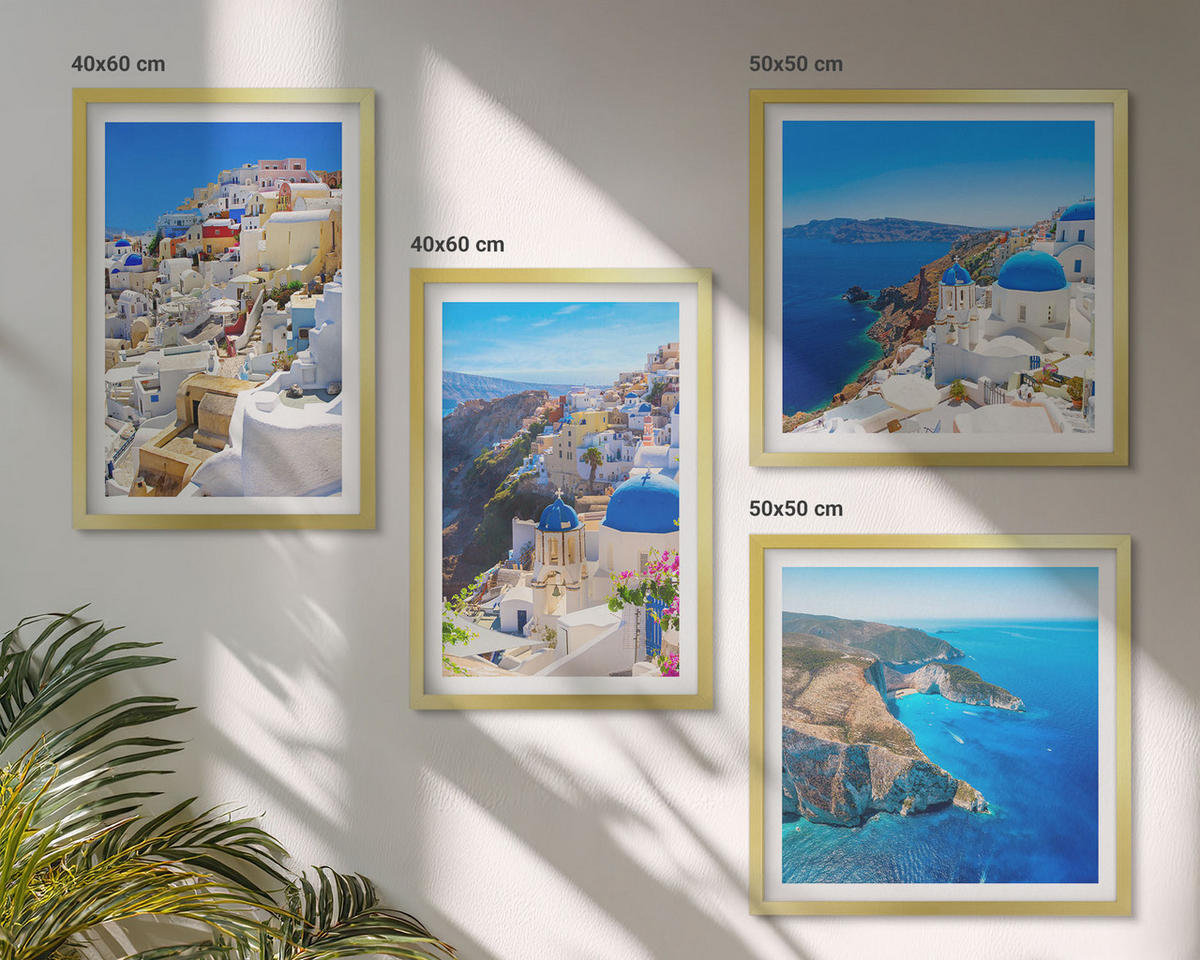 WANDBILDER 4er Set - 50x50 cm & 40x60 cm Goldrahmen - Architekturlandschaft Oia Santorin Griechenland - Goldfarben, Kunststoff (50/50cm) - ArtPrintCave