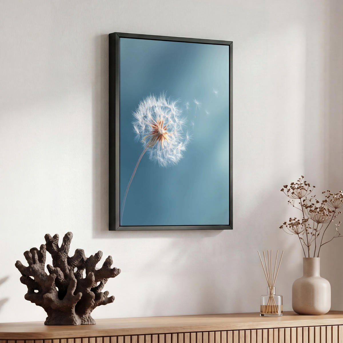 LEINWAND Bilder mit Rahmen - Löwenzahn - Wind - Blau - 30x40 - Blaugrau, Textil (30/40cm) - MuchoWow