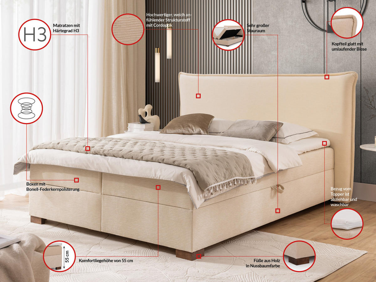 BOXBETT Lovetti, Strukturstoff mit Cordoptik, H3 - Beige/Dunkelbraun, Holz/Kunststoff (140/200cm) - S-Style Möbel