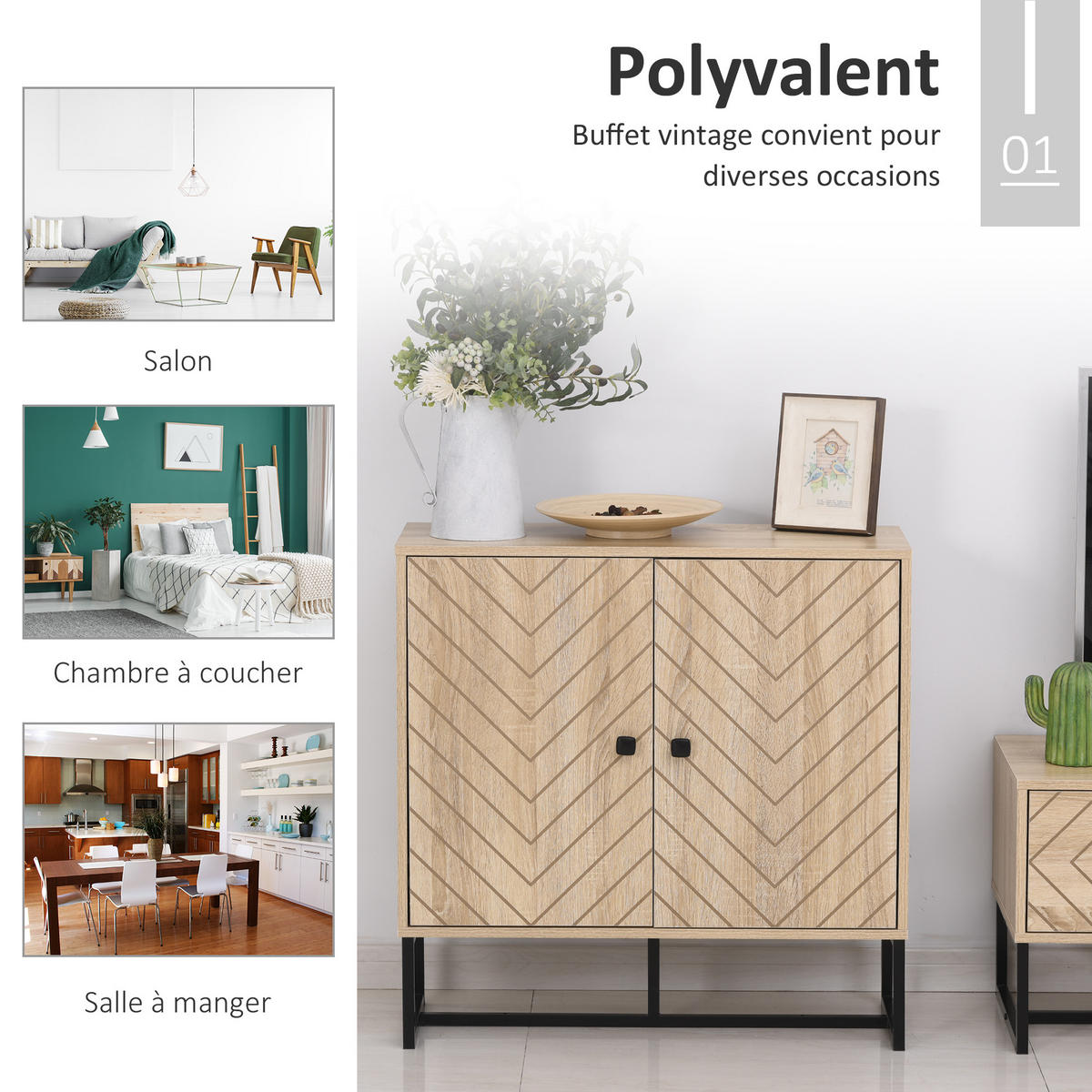 SIDEBOARD DE-10987 Chevron-Muster Holz/Schwarz - Naturfarben, Holzwerkstoff (80/80/29cm) - ComfortXL