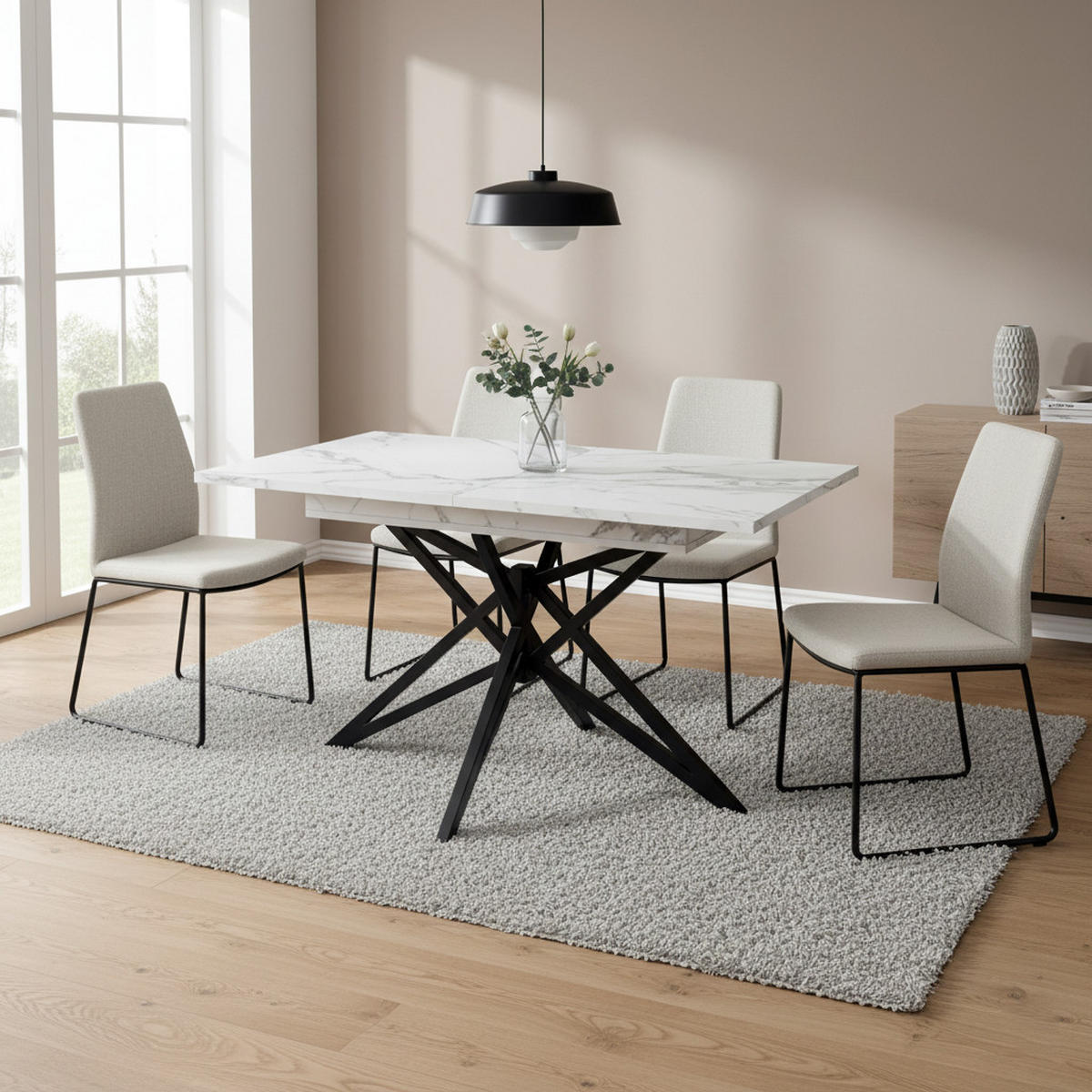 ESSTISCH AUSZIEHBARER Weiß Marmoroptik mit Ausziehfunktion & Sternfuß - Weiß, Holzwerkstoff/Metall (80/120/66.1cm) - Urban Meuble