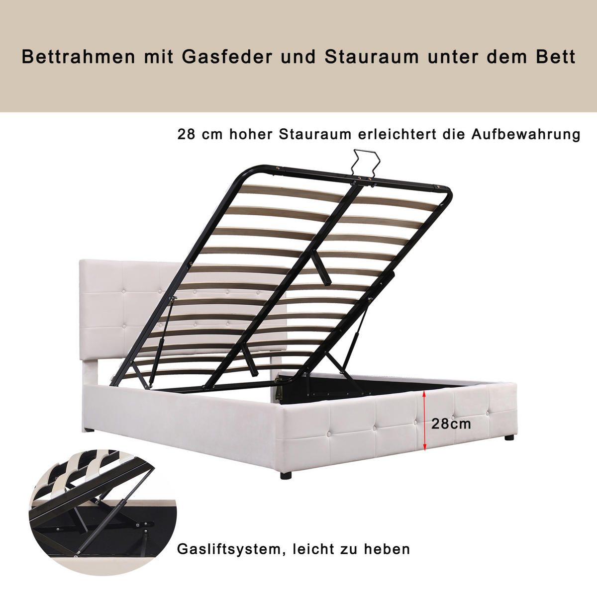SAMT-POLSTERBETT 140/200 cm mit Bettkasten und höhenverstellbarem Kopfteil - Weiß, Textil (140/200cm) - BEAOK