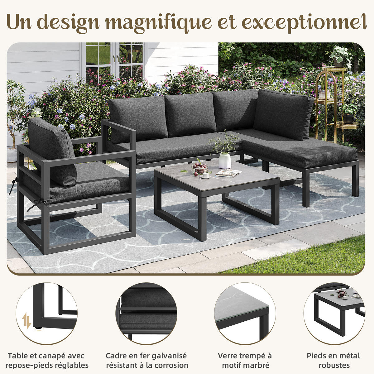 SEIL Gartenmöbel Set Ecksofa mit Eisenrahmen verstellbaren Beinen und Sitz Rückenkissen Grau - Grau, Metall