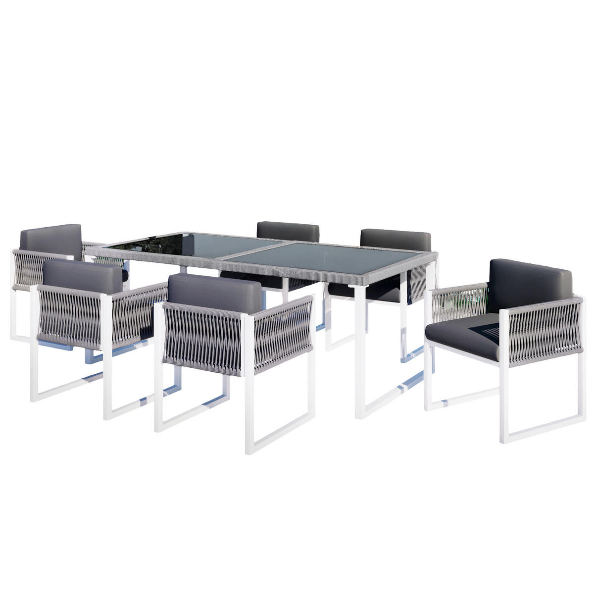 GARTEN-ESSGRUPPE 170/80/75 cm grau/weiß aus Eisen mit 6 Stühlen - Grau, Metall - OKWISH