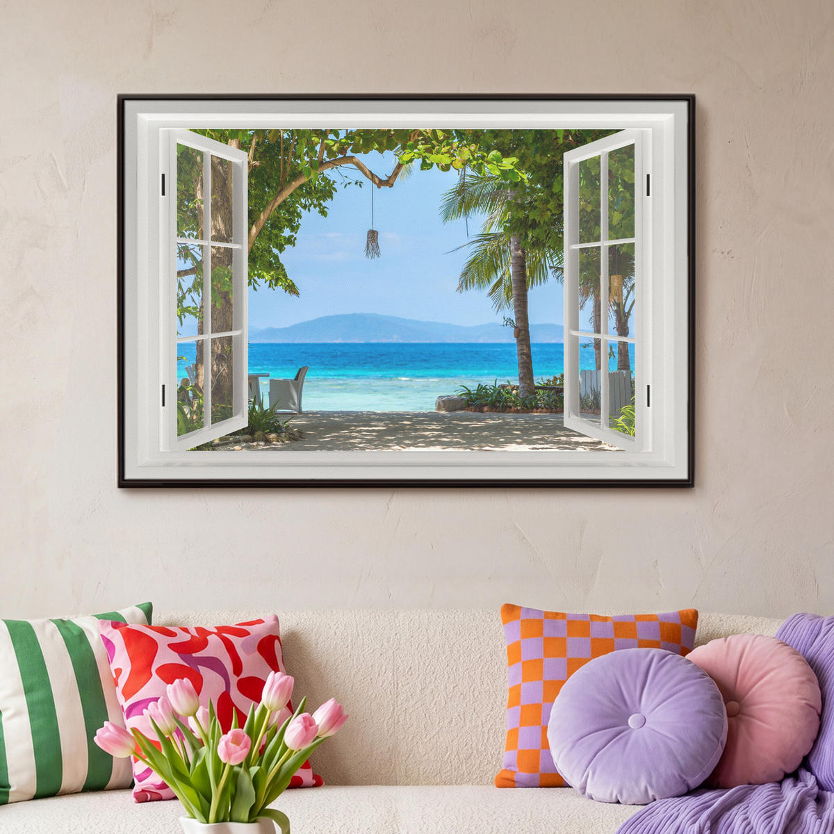 LEINWAND Bilder mit Rahmen - Aussicht - Baum - Meer - Palme - Hügel - Strand - Blau - 90x60 - Blau, Textil (90/60cm) - MuchoWow
