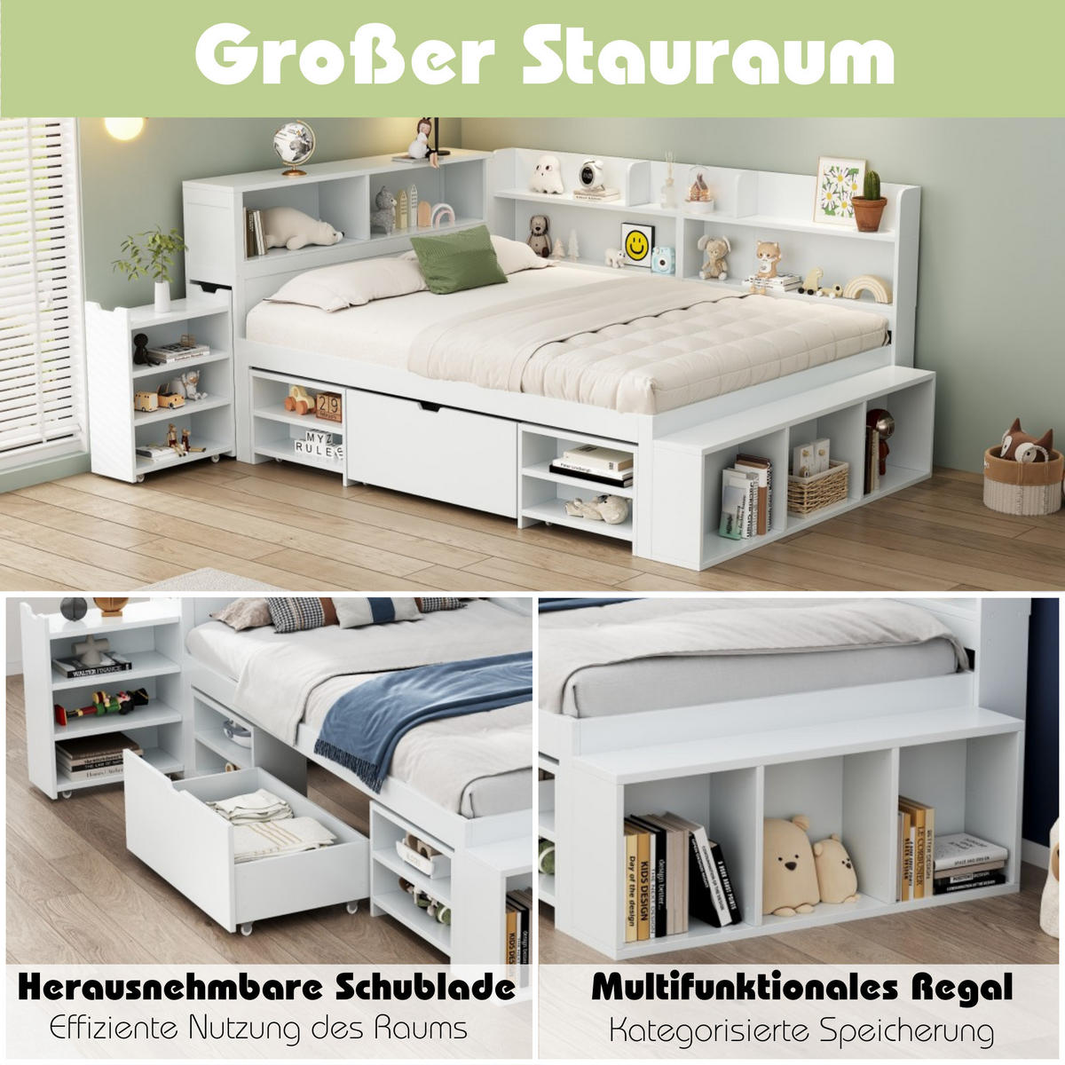 KINDERBETT 90x200cm Weiß Mit Schubladen Bücherregal & Schrank - Weiß, Holzwerkstoff (90/200cm) - FLIEKS
