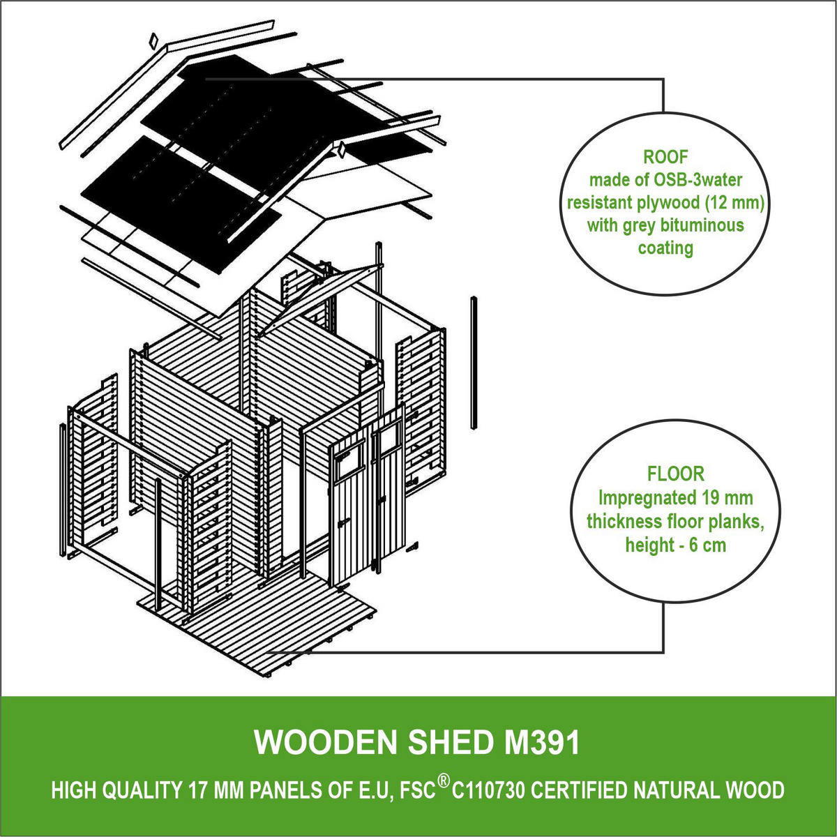 HOLZHAUS GARTENHAUS mit Brennholzschuppen M391+M391G - mit imprägniertem Boden - 3,53 + 0,97 + 0,97 m2 - Beige, Holz (328/218/206cm) - Timbela