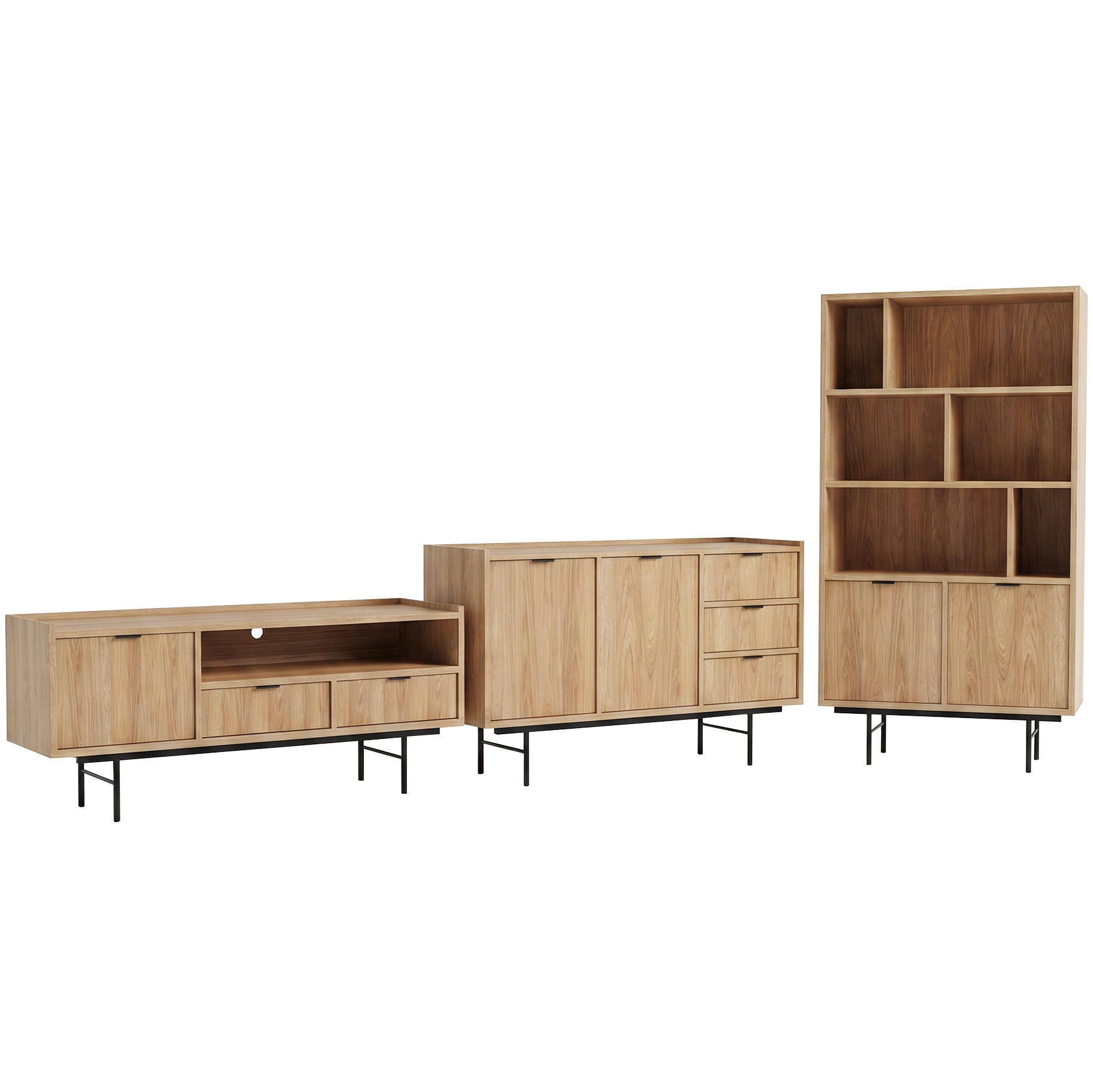 WOHNWAND Evron Kommode 150 cm TV-Board 150 cm Bücherregal 90 cm, Hikora Eiche - Eichefarben/Schwarz, Holzwerkstoff/Metall (150/90/40cm) - Beautysofa