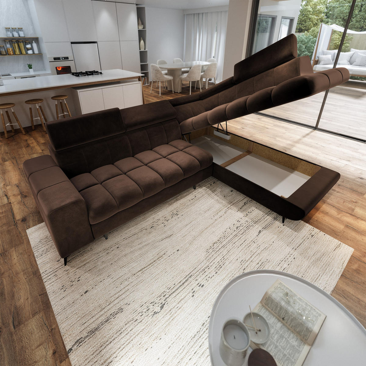 ECKSOFA MORIVA R-S Braun Velours-Stoff mit Schlaffunktion - Braun, Holz (253/190cm) - MASSENO