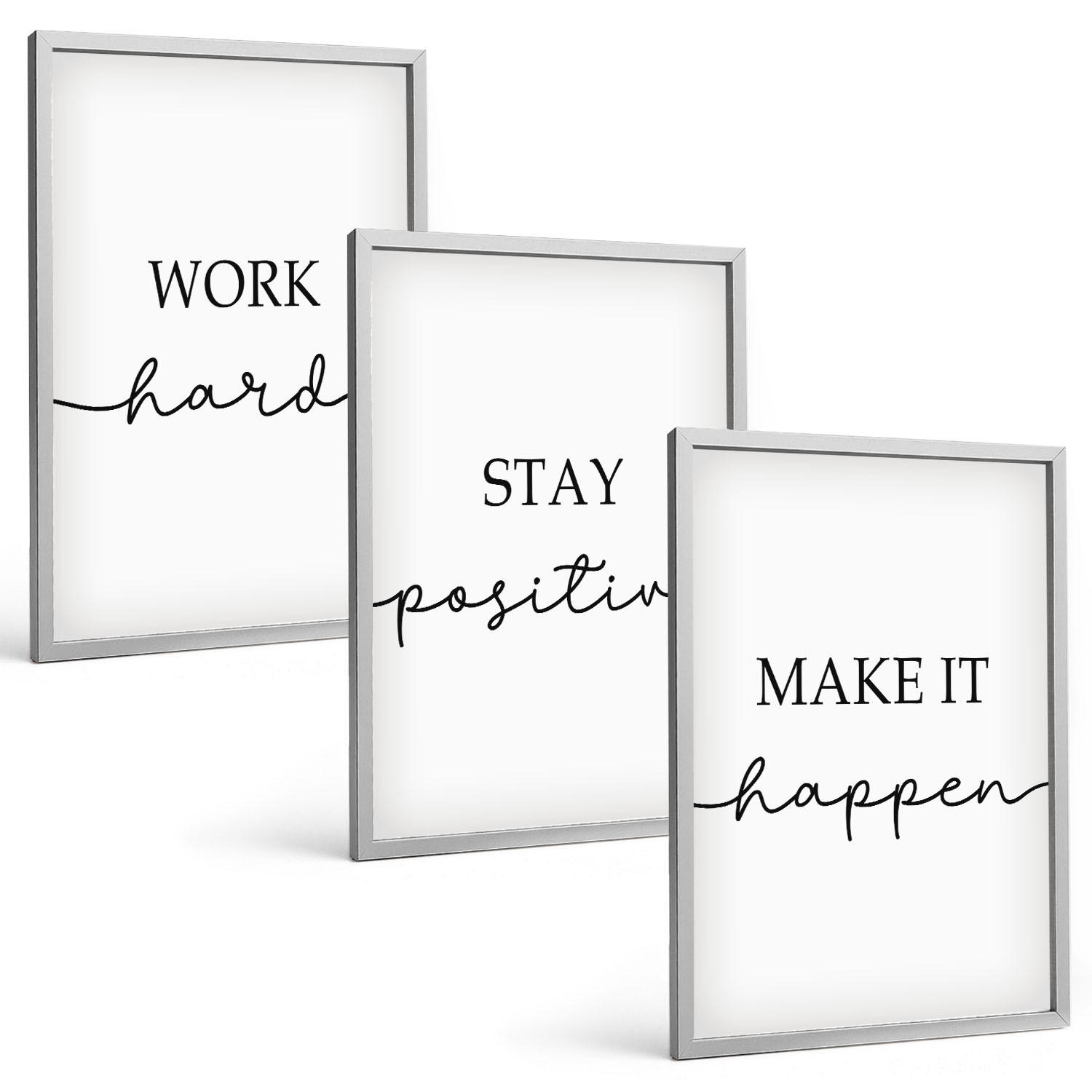 BILDER SET 3er Set - 40x60 cm Silberner Rahmen - Minimalistische Motivationsinschriften - Silberfarben, Kunststoff (40/60cm) - TULUP