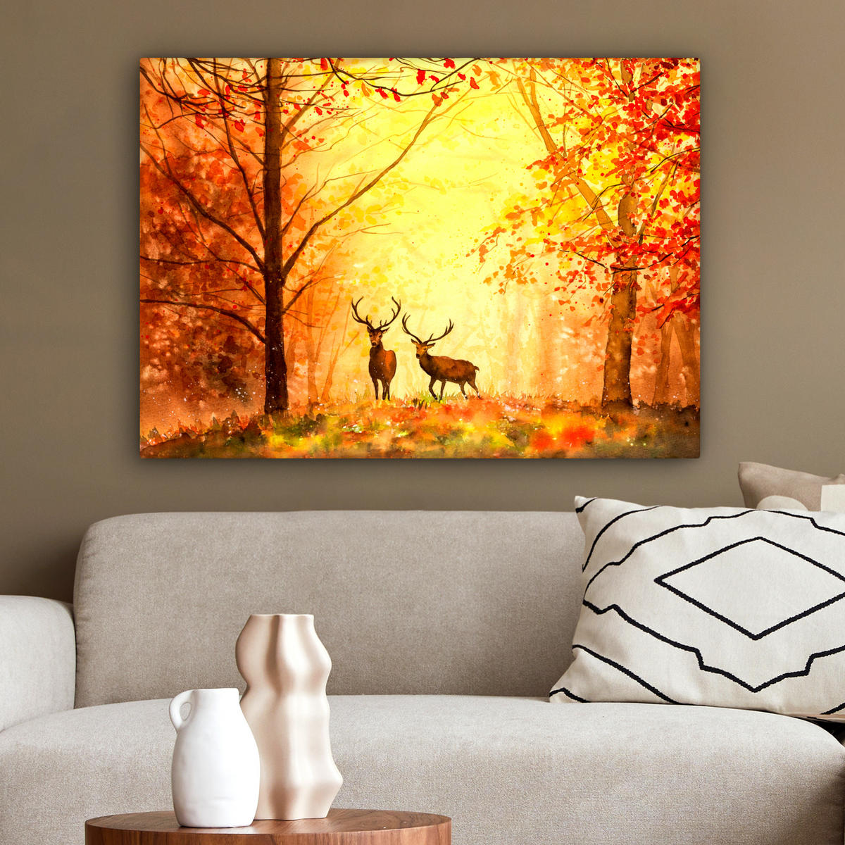 LEINWANDBILD Natur - Ölfarbe - Hirsche - Tiere - Herbst - Orange Wandbilder 80x60 cm - Orange, Textil (80/60cm) - MuchoWow